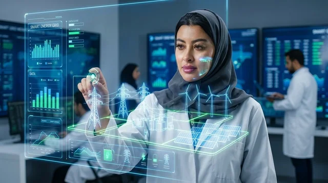 مهندسة عربية تتفاعل مع هولوغرام الطاقة الذكية