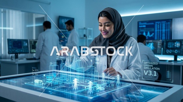 عالمة عربية تتفاعل مع محاكاة هولوغرافية لمدينة ذكية