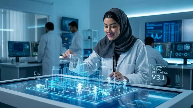 Arab Female Scientist Interacting With Smart City Hologram