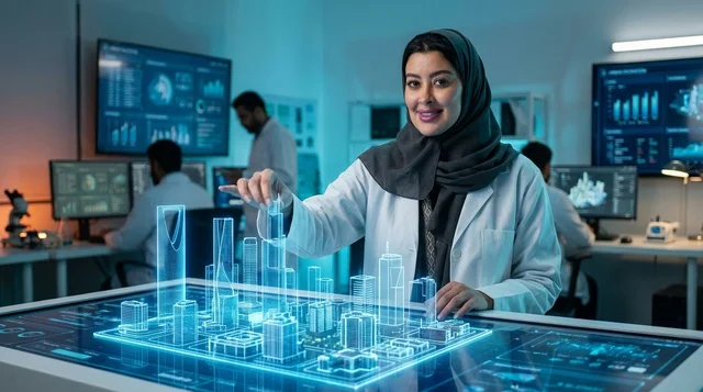 عالمة سعودية تتفاعل مع مجسم هولوغرام لمدينة الرياض