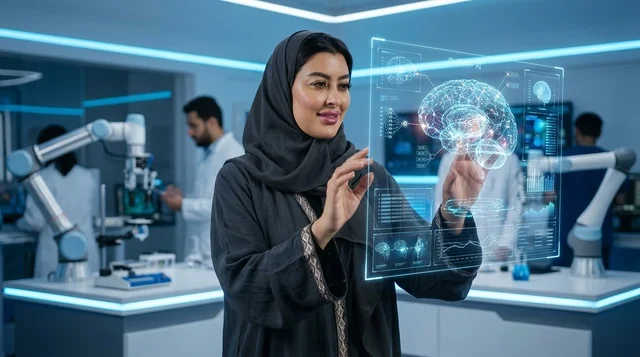 عالمة عربية تتفاعل مع هولوغرام ثلاثي الأبعاد للدماغ
