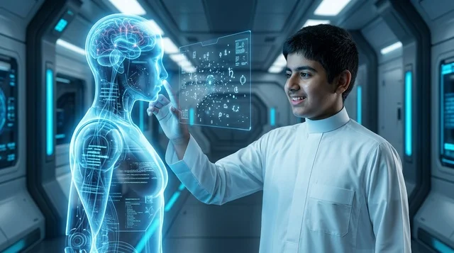 ولد سعودي يتفاعل مع هولوغرام تشريحي في مختبر مستقبلي