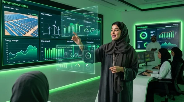 Arab Woman in Futuristic Green Energy Control Room
