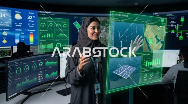 امرأة عربية تستخدم شاشة واجهة هولوغرام رقمية مستقبلية