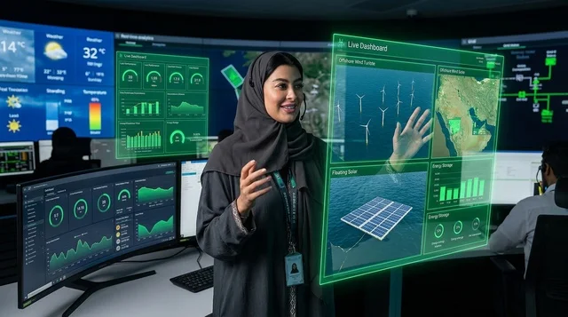 امرأة عربية تستخدم شاشة واجهة هولوغرام رقمية مستقبلية