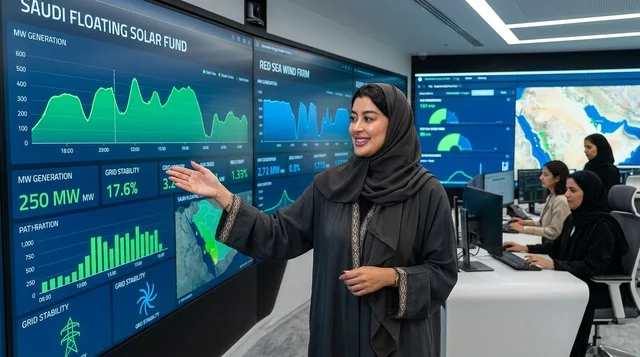 Saudi Woman Presenting Solar Energy Data in Control Room