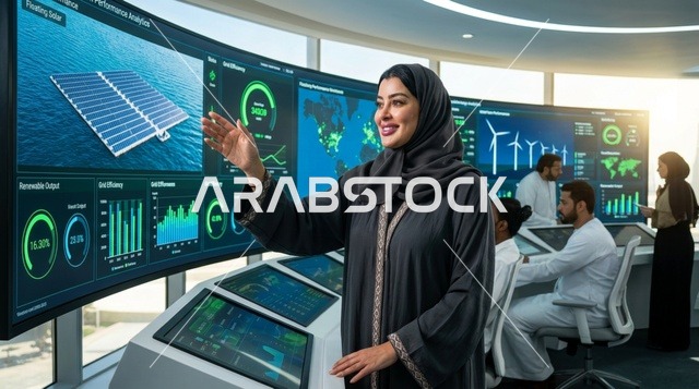 امرأة عربية في غرفة تحكم تكنولوجيا الطاقة المتجددة