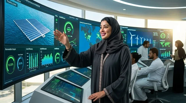 Arab Woman in Tech Control Room for Renewable Energy