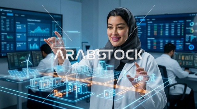 امرأة عربية تستخدم شاشة واجهة هولوغرام رقمية مستقبلية
