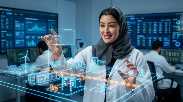 An Arab woman using a futuristic digital hologram interface screen.