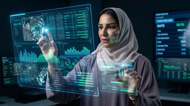 امرأة عربية تستخدم شاشة واجهة هولوغرام رقمية مستقبلية