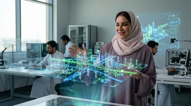 امرأة عربية تتفاعل مع هولوغرام مدينة ذكية في مختبر