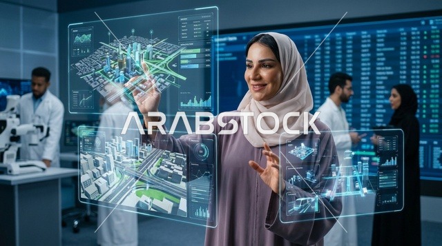 امرأة عربية تستخدم شاشة واجهة هولوغرام رقمية مستقبلية