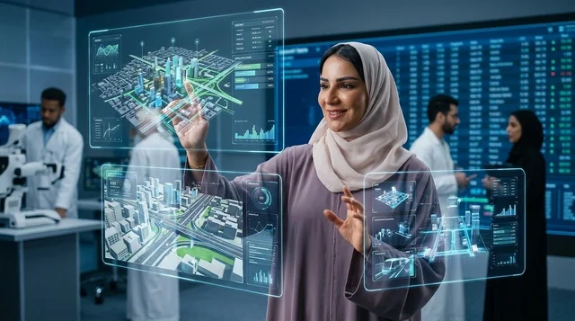 امرأة عربية تستخدم شاشة واجهة هولوغرام رقمية مستقبلية