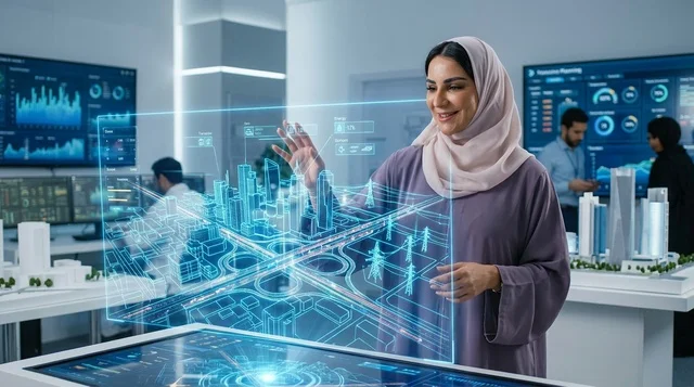 Arab Woman Architect Planning Smart City with Hologram