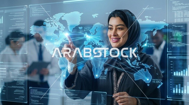 امرأة عربية تستخدم شاشة واجهة هولوغرام رقمية مستقبلية