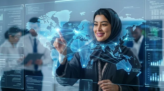امرأة عربية تستخدم شاشة واجهة هولوغرام رقمية مستقبلية