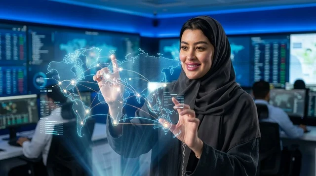 Arab Woman Interacting with Hologram in Control Room