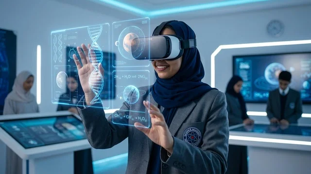 طالبة عربية تستخدم نظارة الواقع الافتراضي في مختبر العلوم
