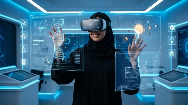 امرأة سعودية تستخدم نظارة الواقع الافتراضي في مختبر
