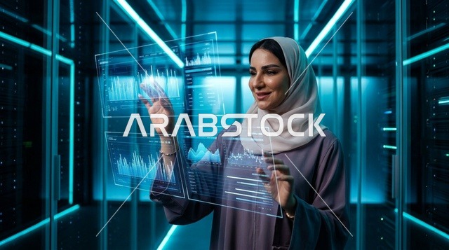امرأة عربية تستخدم شاشة واجهة هولوغرام رقمية مستقبلية