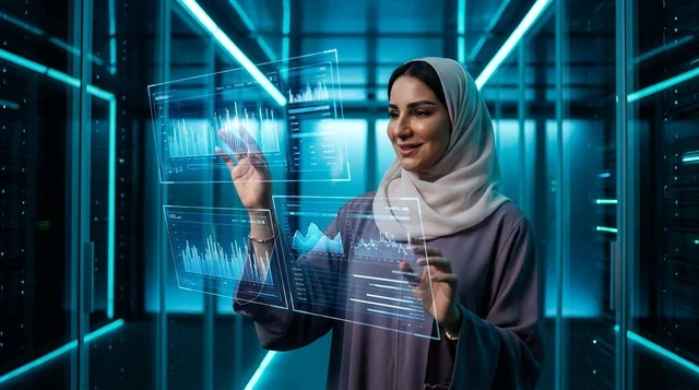 امرأة عربية تستخدم شاشة واجهة هولوغرام رقمية مستقبلية