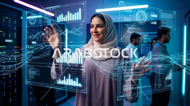 امرأة عربية تستخدم شاشة واجهة هولوغرام رقمية مستقبلية