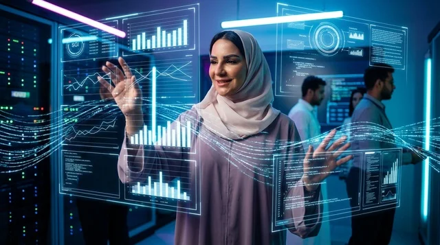 An Arab woman using a futuristic digital hologram interface screen.