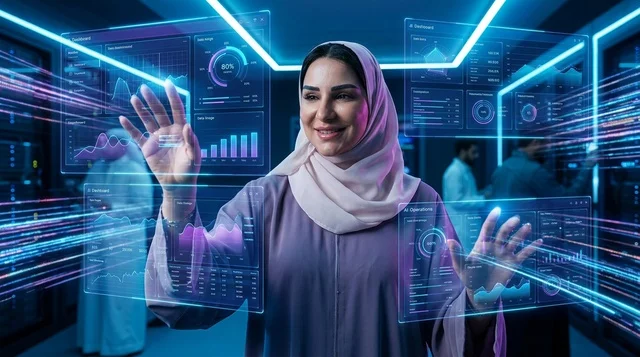 Arab Woman Interacting with Holograms in Server Room