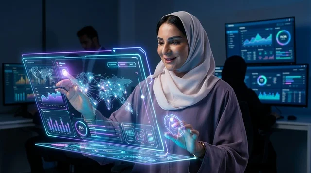 امرأة عربية تتفاعل مع شاشة بيانات هولوغرافية
