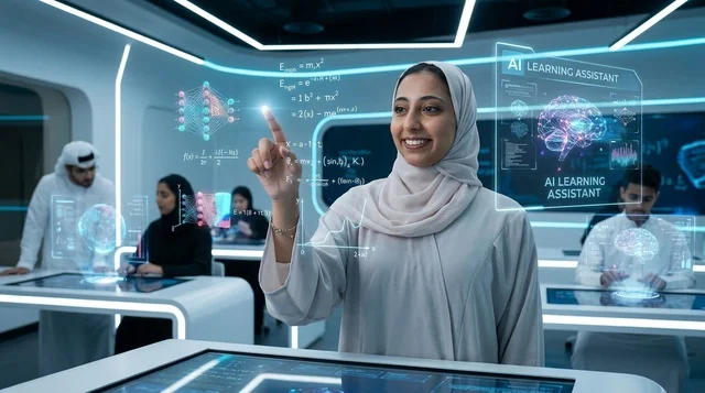 امرأة عربية تستخدم الهولوغرام في فصل دراسي مستقبلي