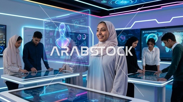 امرأة عربية تستخدم شاشة واجهة هولوغرام رقمية مستقبلية