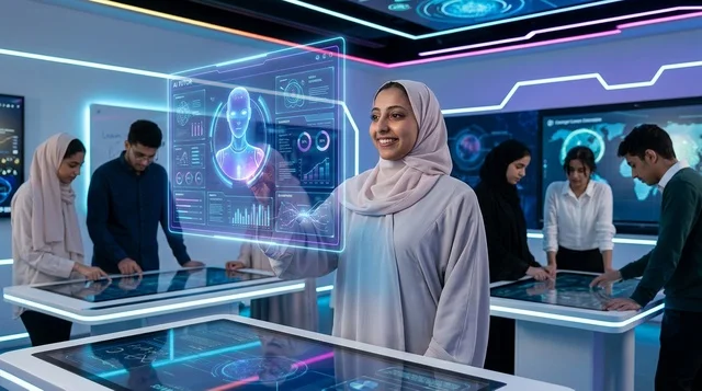 امرأة عربية تستخدم شاشة واجهة هولوغرام رقمية مستقبلية