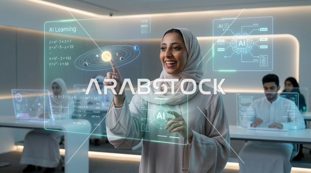 امرأة عربية تستخدم شاشة واجهة هولوغرام رقمية مستقبلية