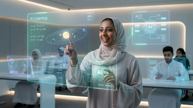 امرأة عربية تستخدم شاشة واجهة هولوغرام رقمية مستقبلية