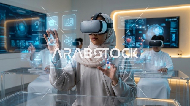 امرأة عربية تستخدم شاشة واجهة هولوغرام رقمية مستقبلية