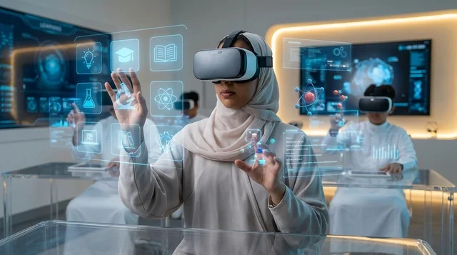 امرأة عربية تستخدم شاشة واجهة هولوغرام رقمية مستقبلية
