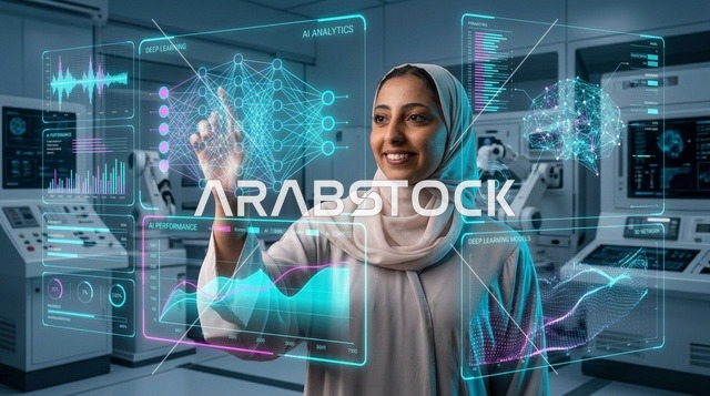 امرأة عربية تستخدم شاشة واجهة هولوغرام رقمية مستقبلية