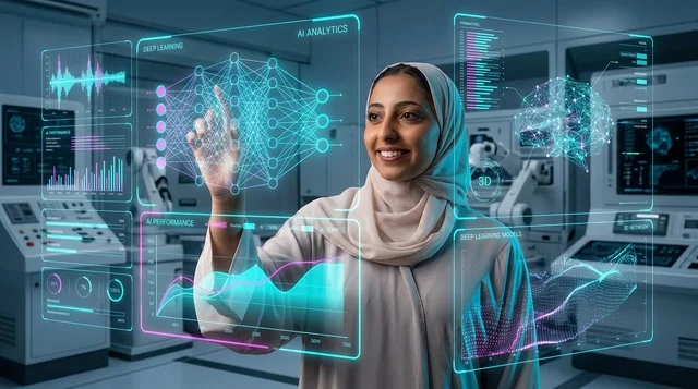 امرأة عربية تستخدم شاشة واجهة هولوغرام رقمية مستقبلية