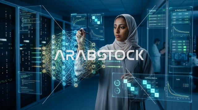 امرأة عربية تستخدم شاشة واجهة هولوغرام رقمية مستقبلية