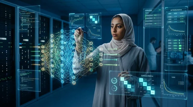 امرأة عربية تستخدم شاشة واجهة هولوغرام رقمية مستقبلية