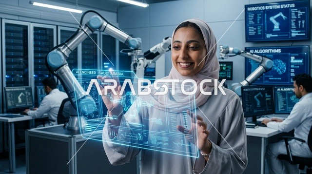 امرأة عربية تستخدم شاشة واجهة هولوغرام رقمية مستقبلية