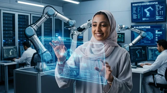 An Arab woman using a futuristic digital hologram interface screen.