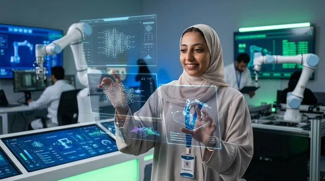 Arab Female Scientist in Futuristic Robotics Laboratory