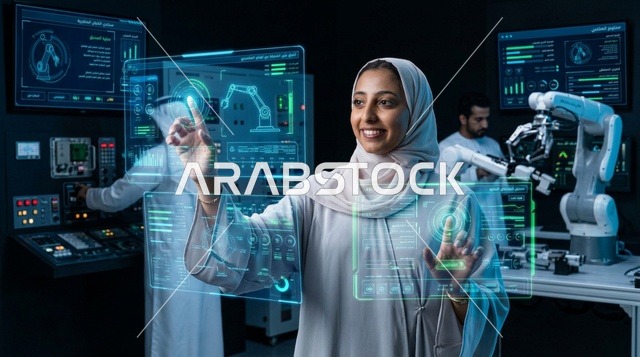 مهندسة عربية تتفاعل مع شاشة هولوغرام في مختبر روبوتات حديث