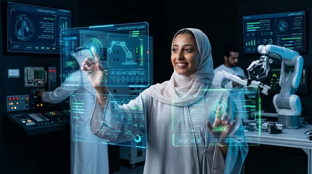 مهندسة عربية تتفاعل مع شاشة هولوغرام في مختبر روبوتات حديث