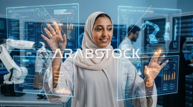 مهندسة عربية تتفاعل مع شاشات هولوغرام في مختبر روبوتات