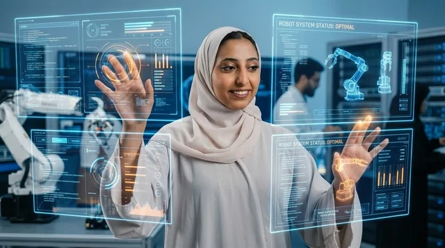Arab Female Engineer Interacting with Holographic Screens
