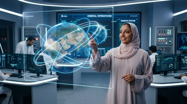 Arab Female Scientist in Futuristic Space Mission Control