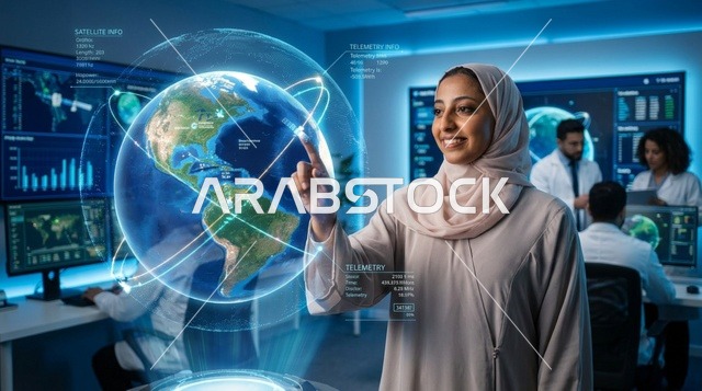 امرأة عربية تستخدم شاشة واجهة هولوغرام رقمية مستقبلية